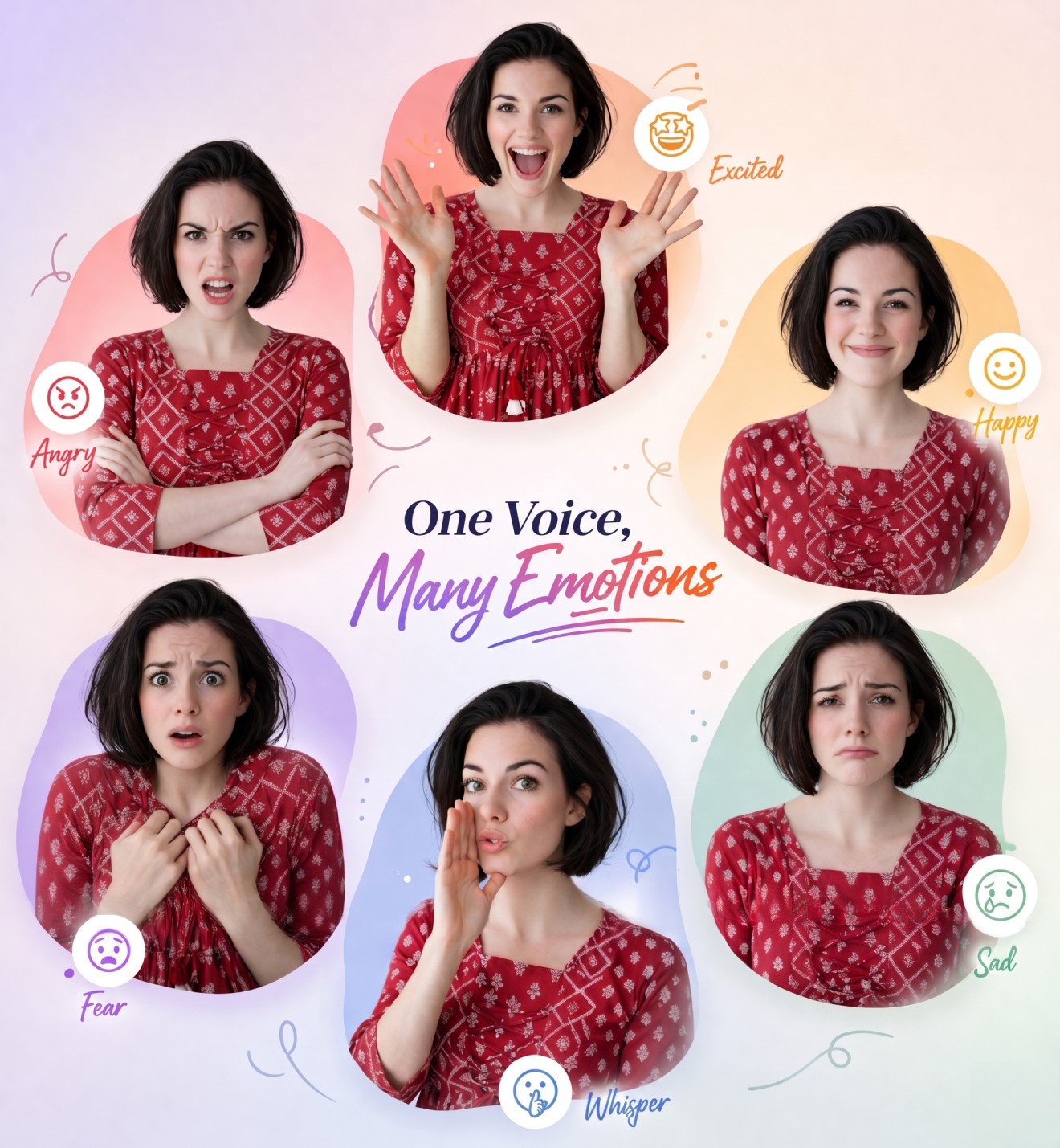 One Voice. Many Emotions — Angry, Excited, Fear, Happy, Sad, Whisper
